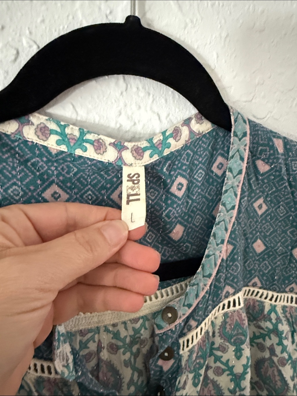 Spell Oracle Sage Teal & Cream Printed Boho Blouse - L - Picture 3 of 4